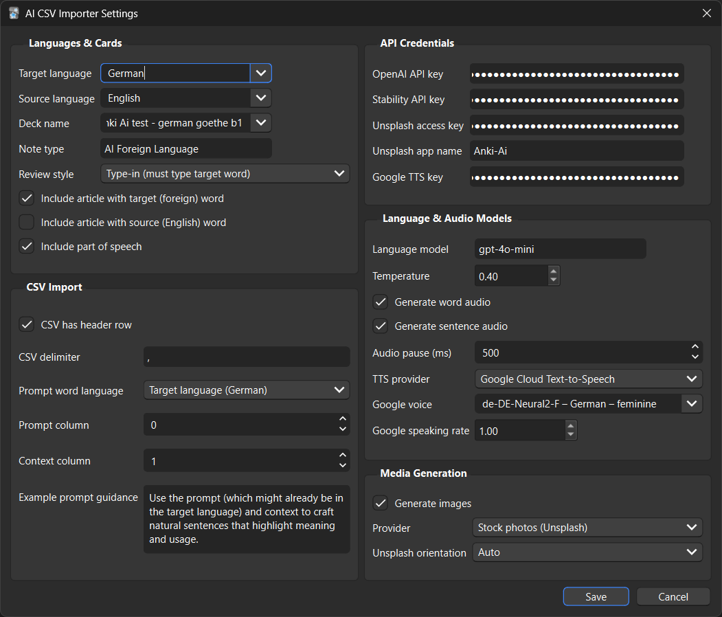 AI CSV Importer menu entries inside Anki